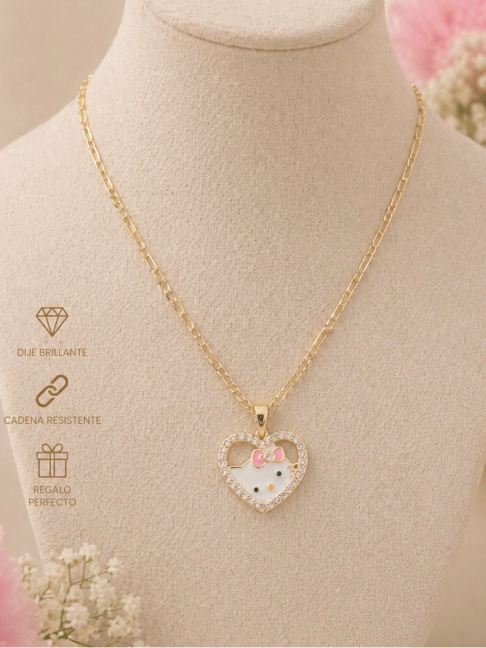 Hello Kitty Gold Heart Pendant Necklace with Pink Bow